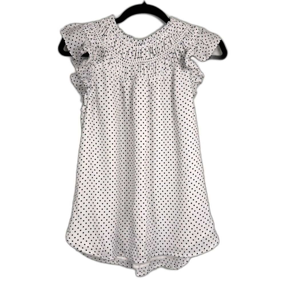 LOFT Polka Dot Blouse Womens XS White Black Flutter Sleeve Smocked Top